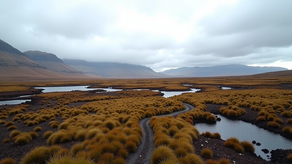 Expansive bog landscape with golden light and distant mountains in Ireland