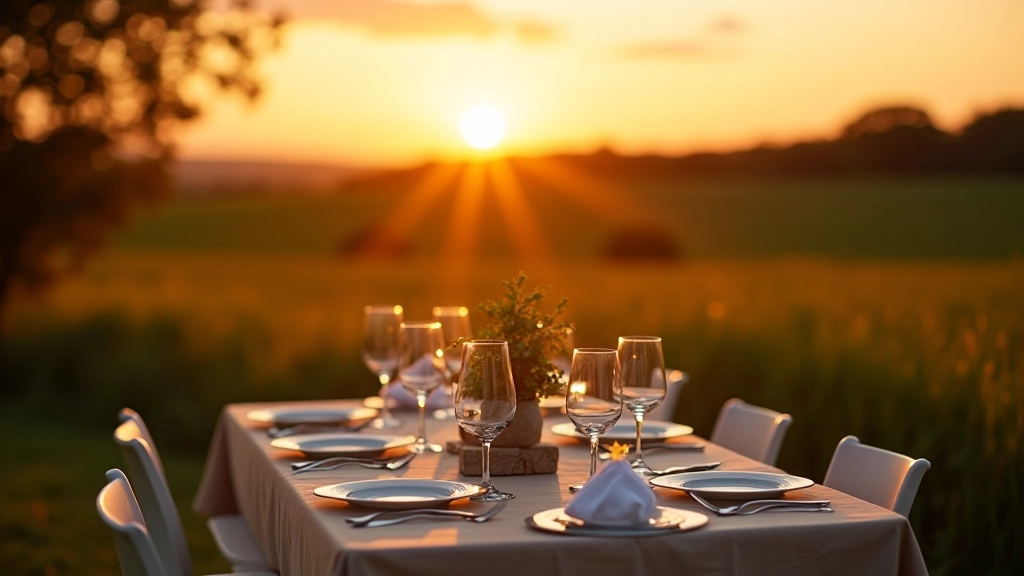 Outdoor farm table set with place settings, wine glasses, and candles at sunset with rolling fields in background