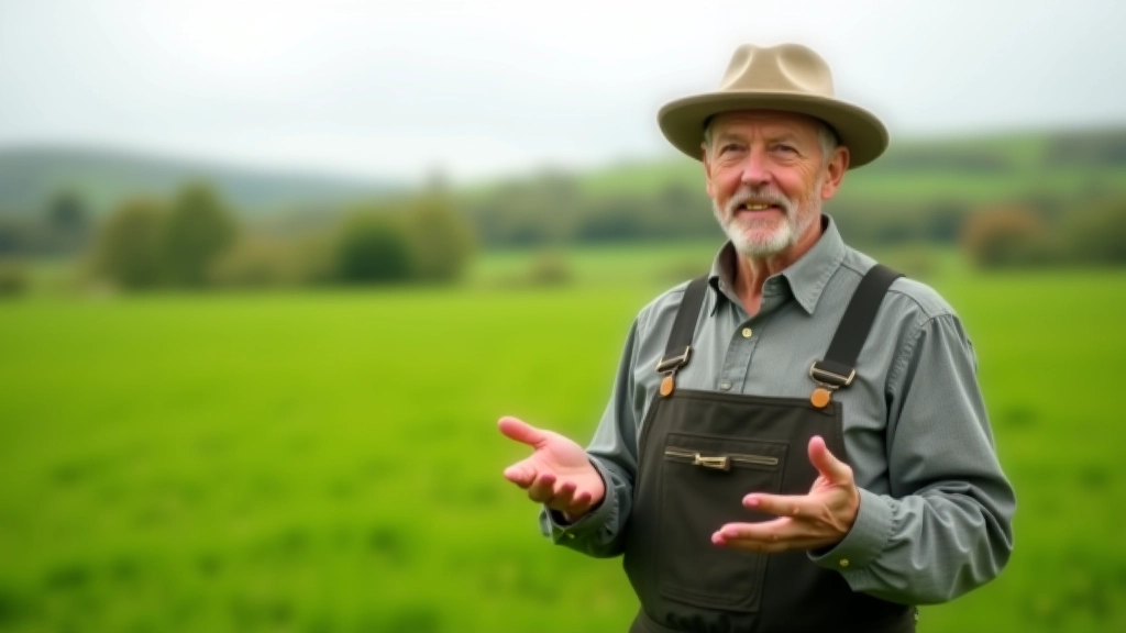 Farmer standing in field wearing work clothes, showing traditional farming techniques, green landscape background, natural setting