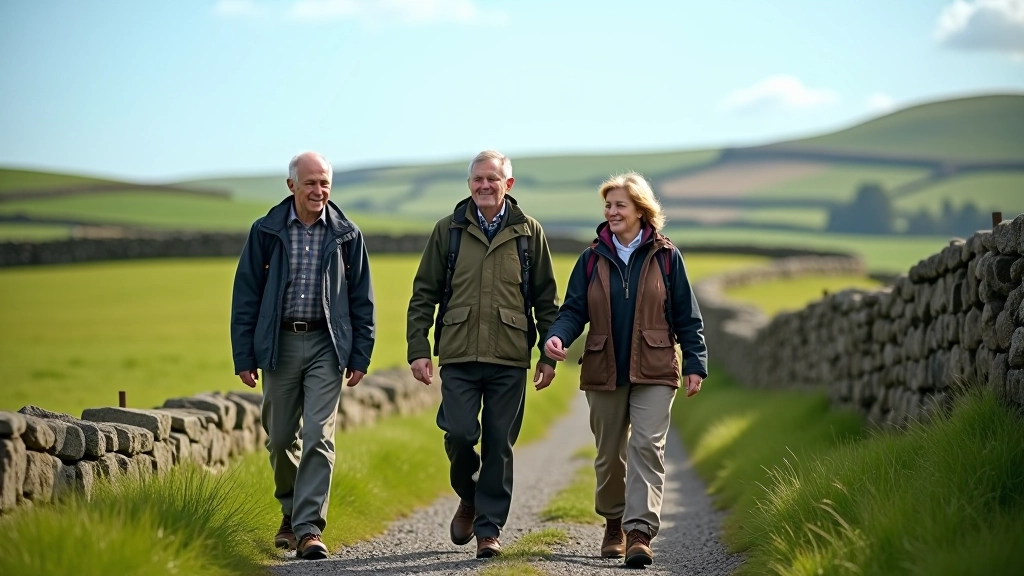 Group of hikers walking along countryside farm path with stone walls, green fields in background, clear blue sky
