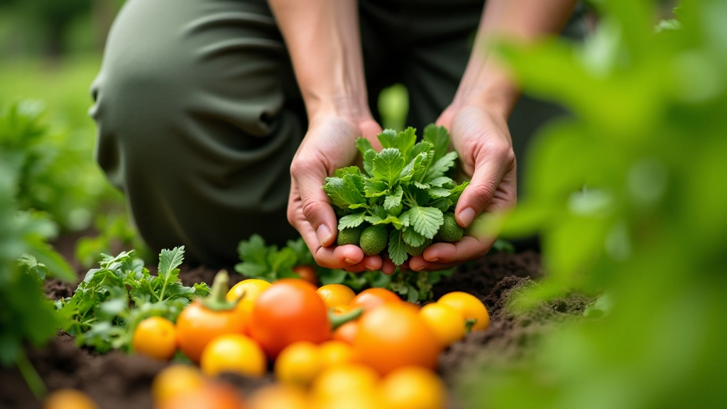 Hands harvesting fresh herbs and vegetables from garden beds at a working farm in Ireland