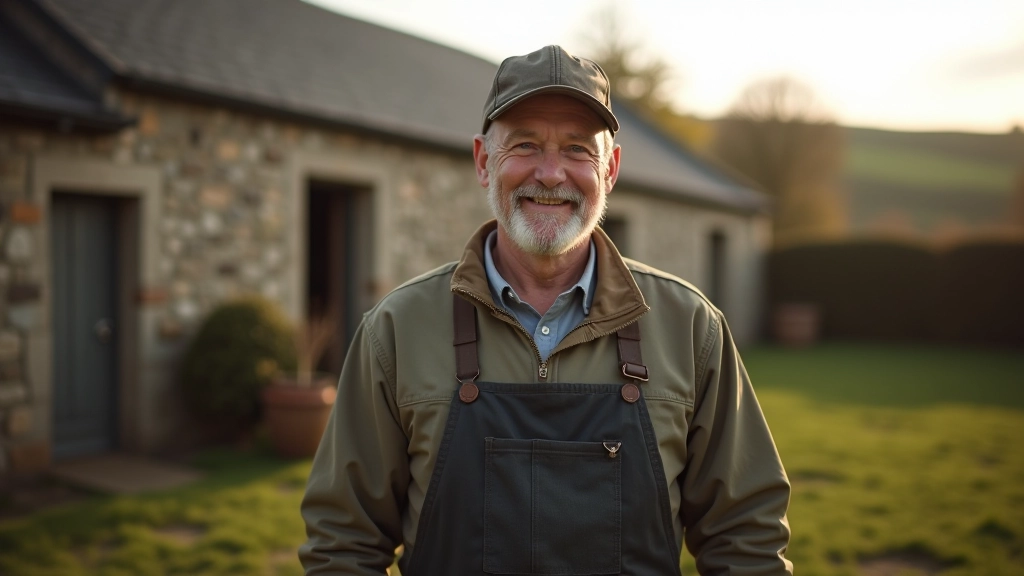 Weathered Irish farmer with kind expression, standing in farmyard wearing work clothes and cap, traditional stone farm buildings visible behind, natural daylight