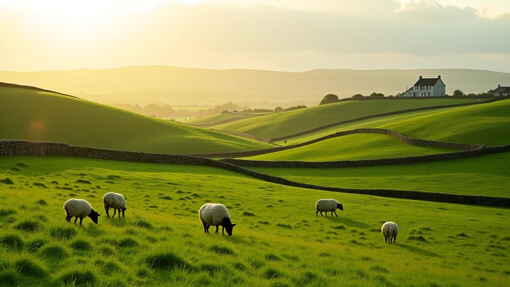Lush green rolling hills with farm buildings in the distance, West Cork countryside