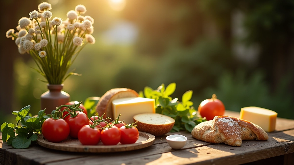 Rustic farmhouse table with fresh vegetables, homemade bread, and local produce from farm-to-table experience