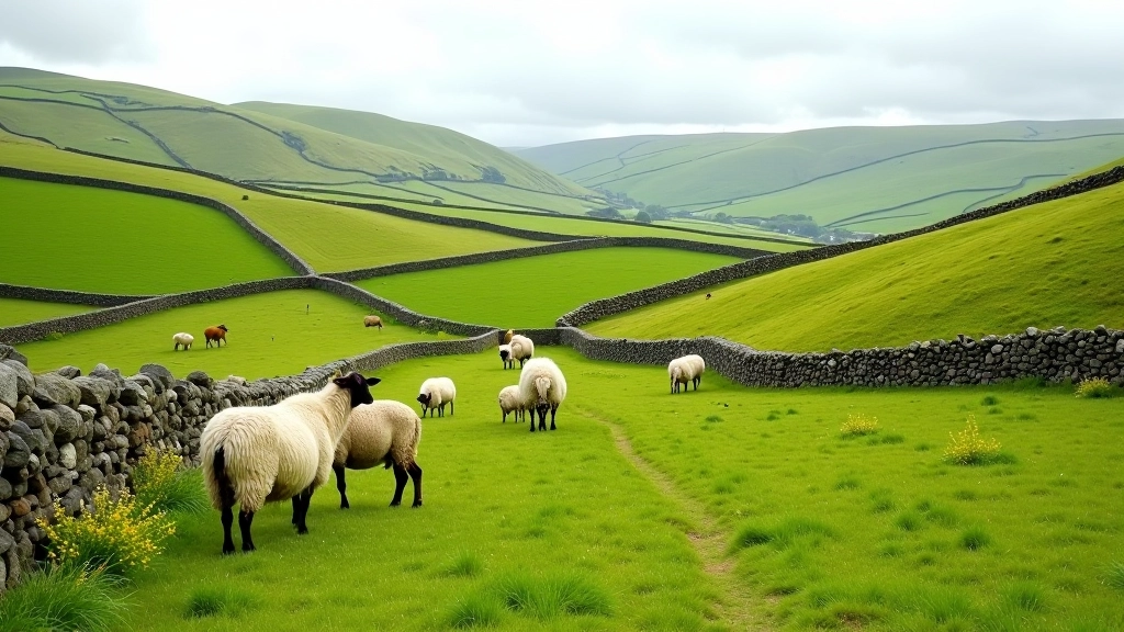 Lush green farm landscape with traditional stone walls and grazing livestock in West Cork, peaceful countryside setting