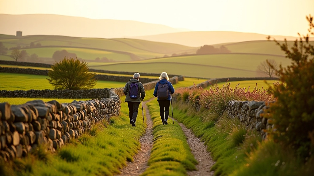 Rural walking path through Irish countryside with stone walls